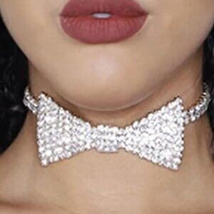 Rhinestone Choker Necklace Silver Bow Tie with Crystal Gems Party Choker